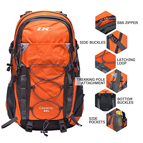 Orange Waterproof Hiking Backpack, Lightweight Day Pack (40L)