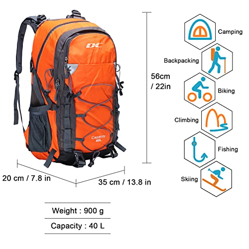 Orange Waterproof Hiking Backpack, Lightweight Day Pack (40L)