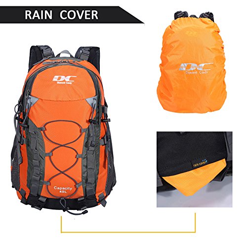 Orange Waterproof Hiking Backpack, Lightweight Day Pack (40L)
