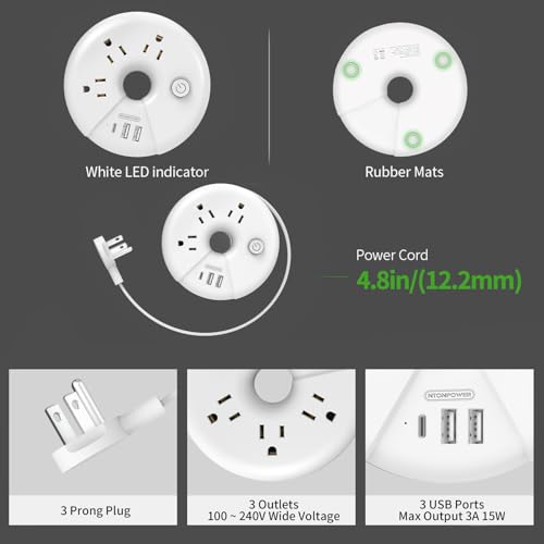 Portable Travel Power Strip with 3 Outlets and 3 USB