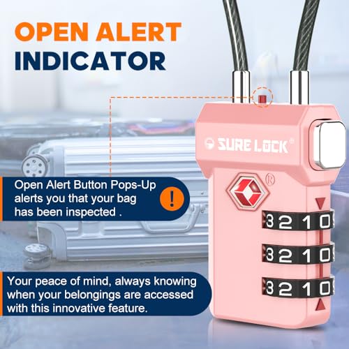 SURE LOCK TSA Approved Luggage Locks, Open Alert, Easy Read Dials (Pink 2 Pack)