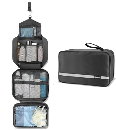Maliton Large Hanging Toiletry Bag - Waterproof, 4 Compartments (Black)