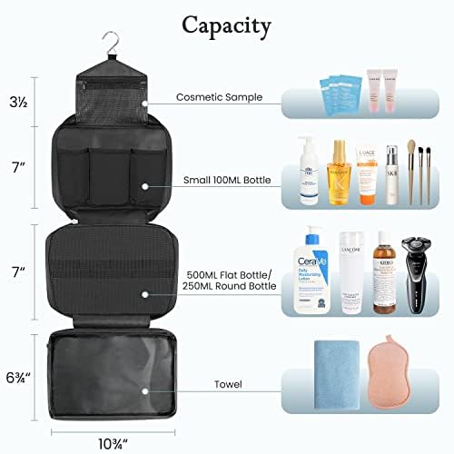 Maliton Large Hanging Toiletry Bag - Waterproof, 4 Compartments (Black)