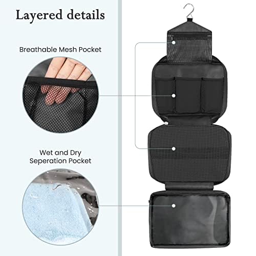 Maliton Large Hanging Toiletry Bag - Waterproof, 4 Compartments (Black)