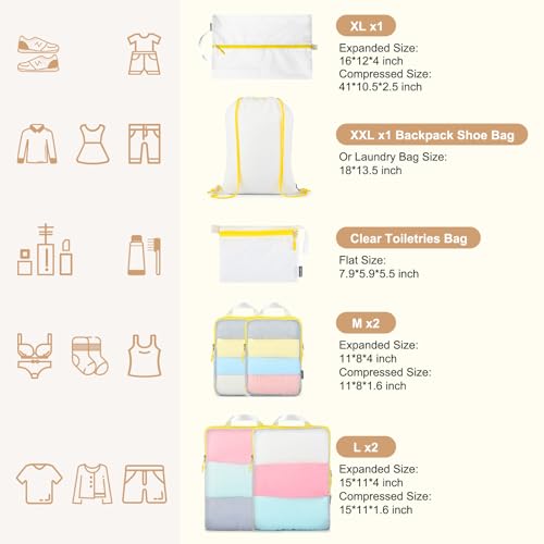 7-Piece Packing Cubes Set with Clear Toiletries and Shoe Bag