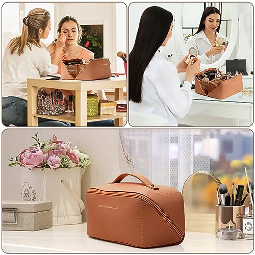 Waterproof Travel Makeup Bag with Divider - Brown