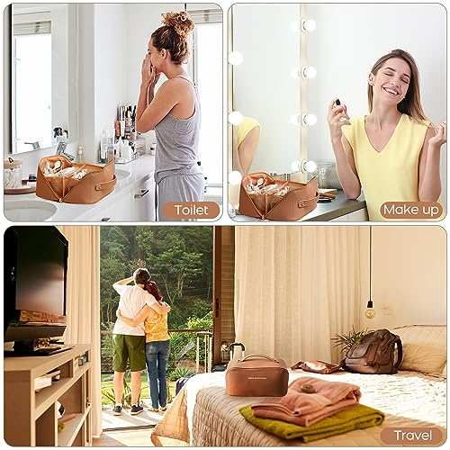 Waterproof Travel Makeup Bag with Divider - Brown