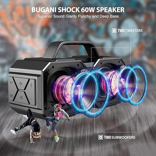 BUGANI Waterproof Bluetooth Speaker, 60W Super Power (Black)
