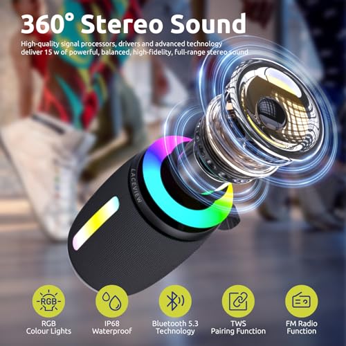 Portable Waterproof Bluetooth Speaker with FM Radio - 15W