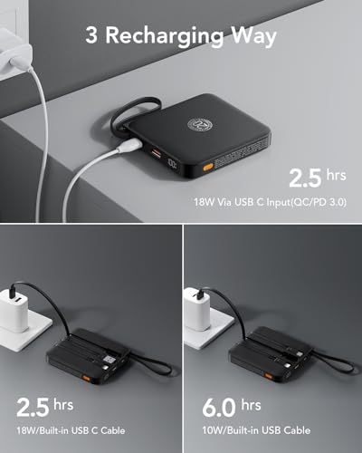 Portable Charger with Built-in Cable, 22.5W Fast Charging