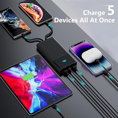Compact Power Bank with dual cables, 13000mAh Fast Charging