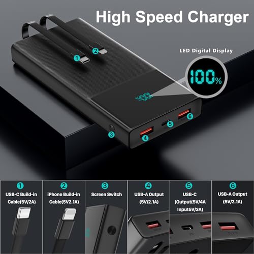 Compact Power Bank with dual cables, 13000mAh Fast Charging