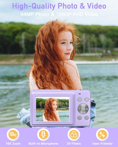 Purple Kids Digital Camera, 1080P, 44MP, 16X Zoom