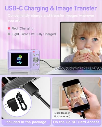 Purple Kids Digital Camera, 1080P, 44MP, 16X Zoom