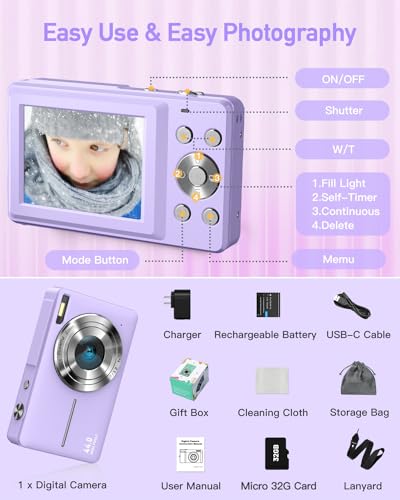 Purple Kids Digital Camera, 1080P, 44MP, 16X Zoom