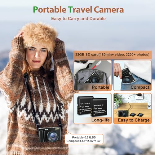 Compact 4K Camera, 48MP, Autofocus, 16X Zoom (2 Batteries)