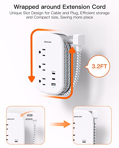 BESHON Flat Plug Power Strip with USB Ports