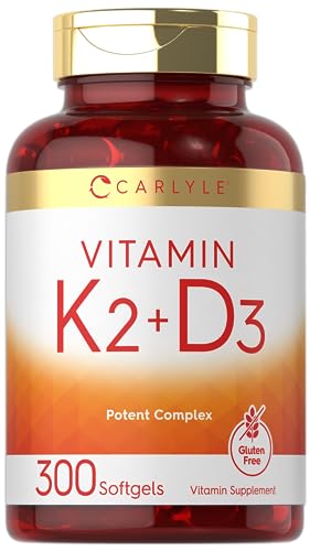 Carlyle Vitamin K2 and D3 Supplement | 300 capsules | 200mcg K2 MK7 & 250mcg D3 | Non-GMO