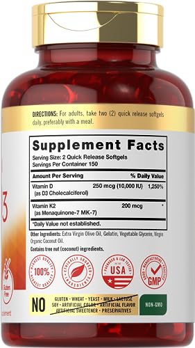 Carlyle Vitamin K2 and D3 Supplement | 300 capsules | 200mcg K2 MK7 & 250mcg D3 | Non-GMO