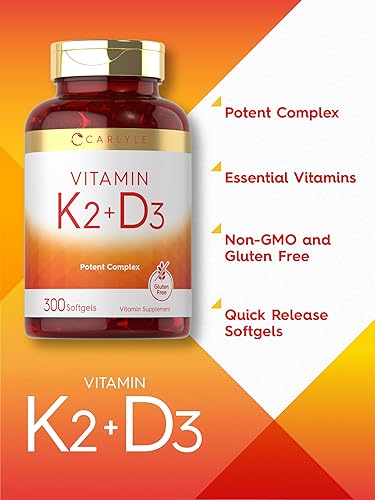 Carlyle Vitamin K2 and D3 Supplement | 300 capsules | 200mcg K2 MK7 & 250mcg D3 | Non-GMO
