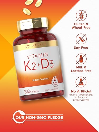 Carlyle Vitamin K2 and D3 Supplement | 300 capsules | 200mcg K2 MK7 & 250mcg D3 | Non-GMO