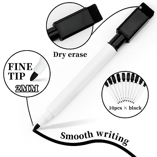 10 Black Whiteboard Marker Pens with Eraser