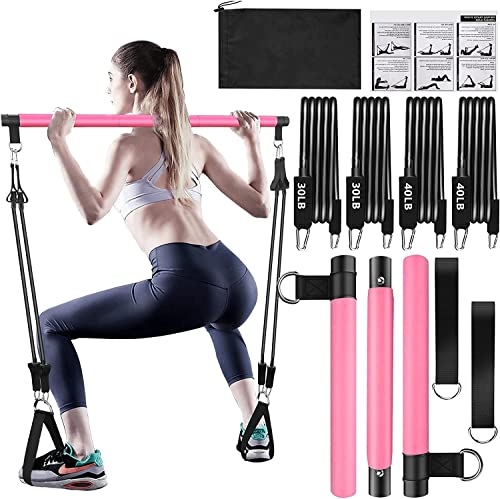 Pink Pilates Bar Kit with Resistance Bands (30lbs)