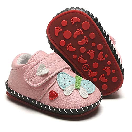 Baby PU Leather Hard Bottom Walking Sneakers - Butterfly/Pink