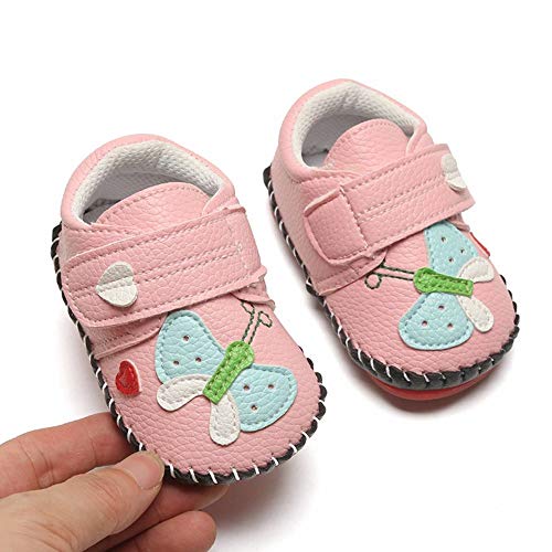Baby PU Leather Hard Bottom Walking Sneakers - Butterfly/Pink