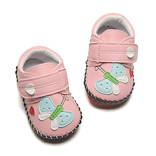 Baby PU Leather Hard Bottom Walking Sneakers - Butterfly/Pink