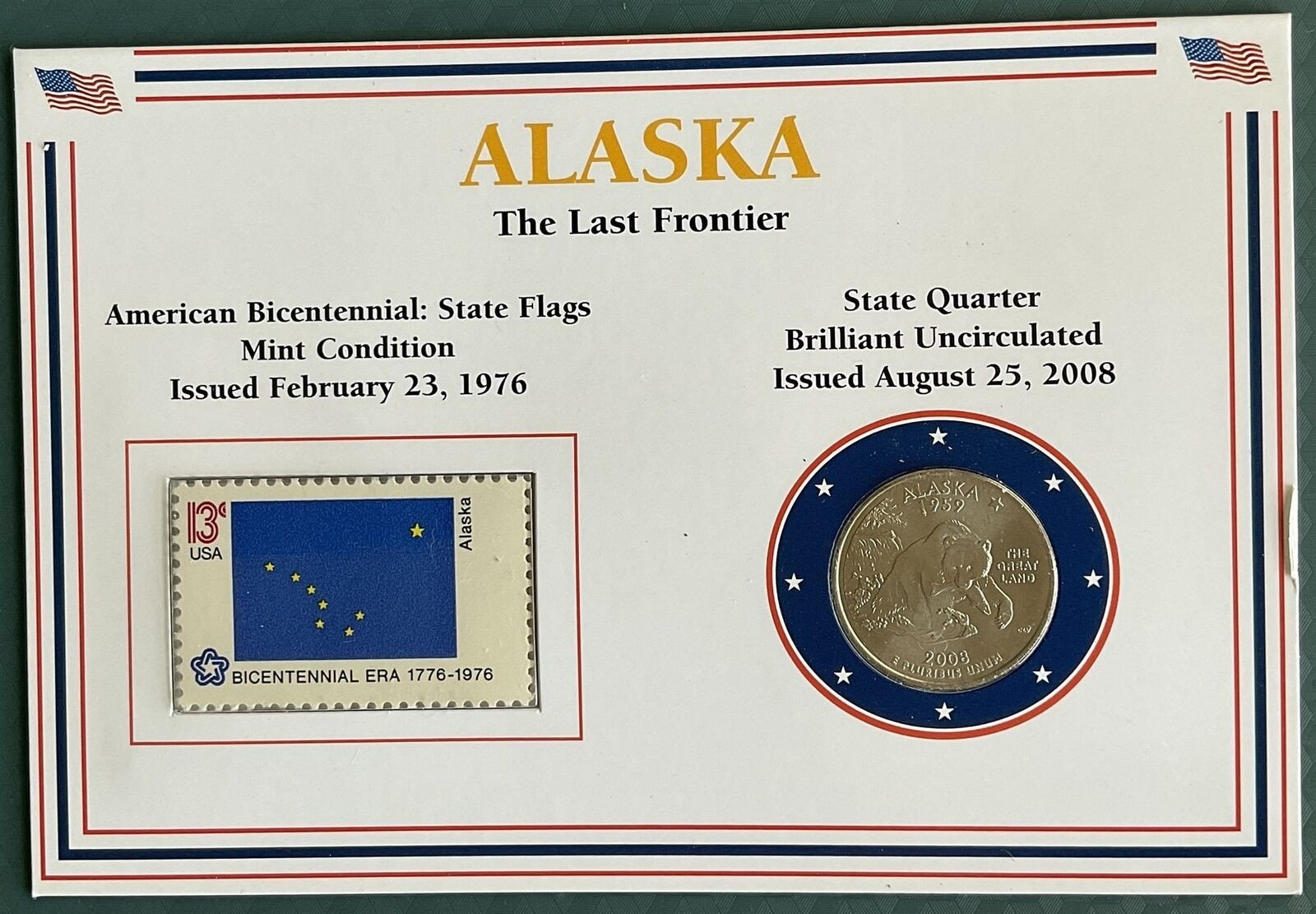 Encased Alaska Quarter and Mint US Stamp