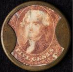 1862 Burnett's Cocoaine Kalliston 5¢ Encased Stamp