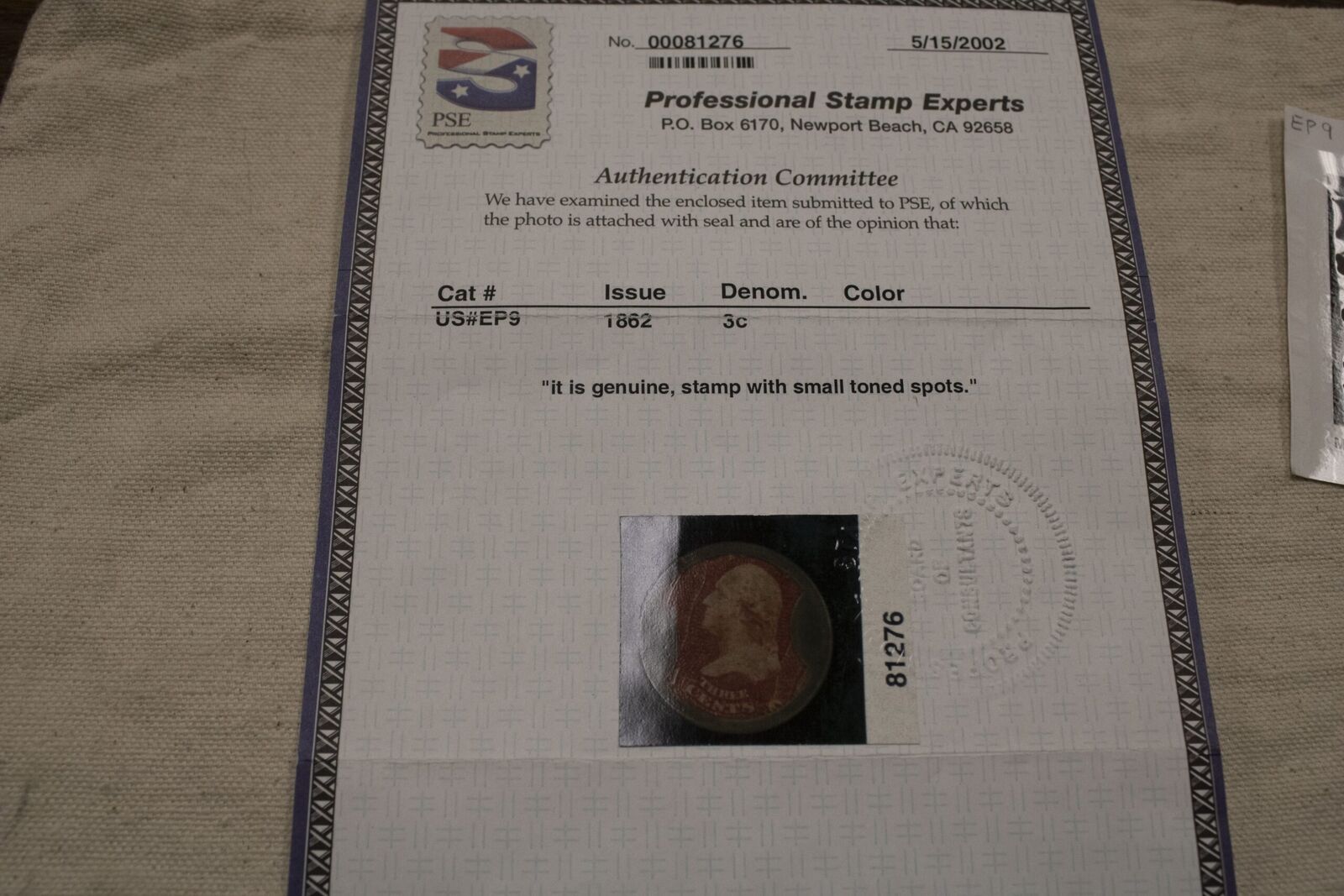 1862 3c Encased Postage Stamp: Ayers Pills EP9