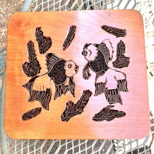 Large Copper Batik Fish Stamp in Wood Frame