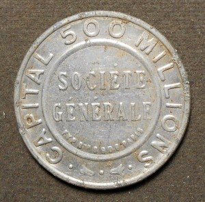 France 5 Centime Green Encased Stamp - Societe Generale