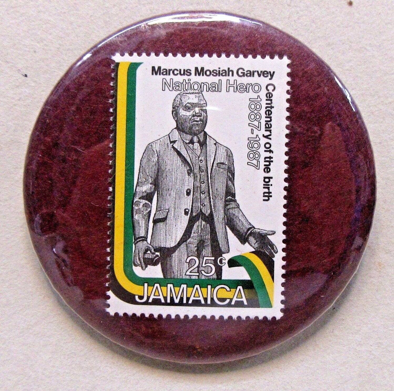 Marcus Garvey Encased Jamaica Postage Stamp Pinback