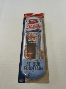 Pepsi Cola Fountain Metal Thermometer Sign