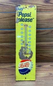 Vintage Pepsi Please Metal Thermometer Sign