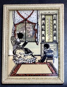 Vintage Reverse Painted Silhouette Thermometer with Window Scene