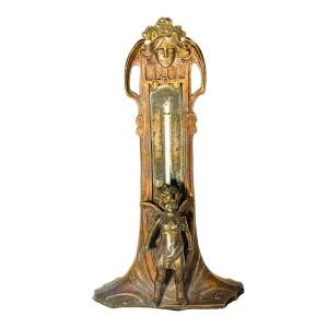 Art Nouveau Cherub & Maiden Bronze Thermometer 10