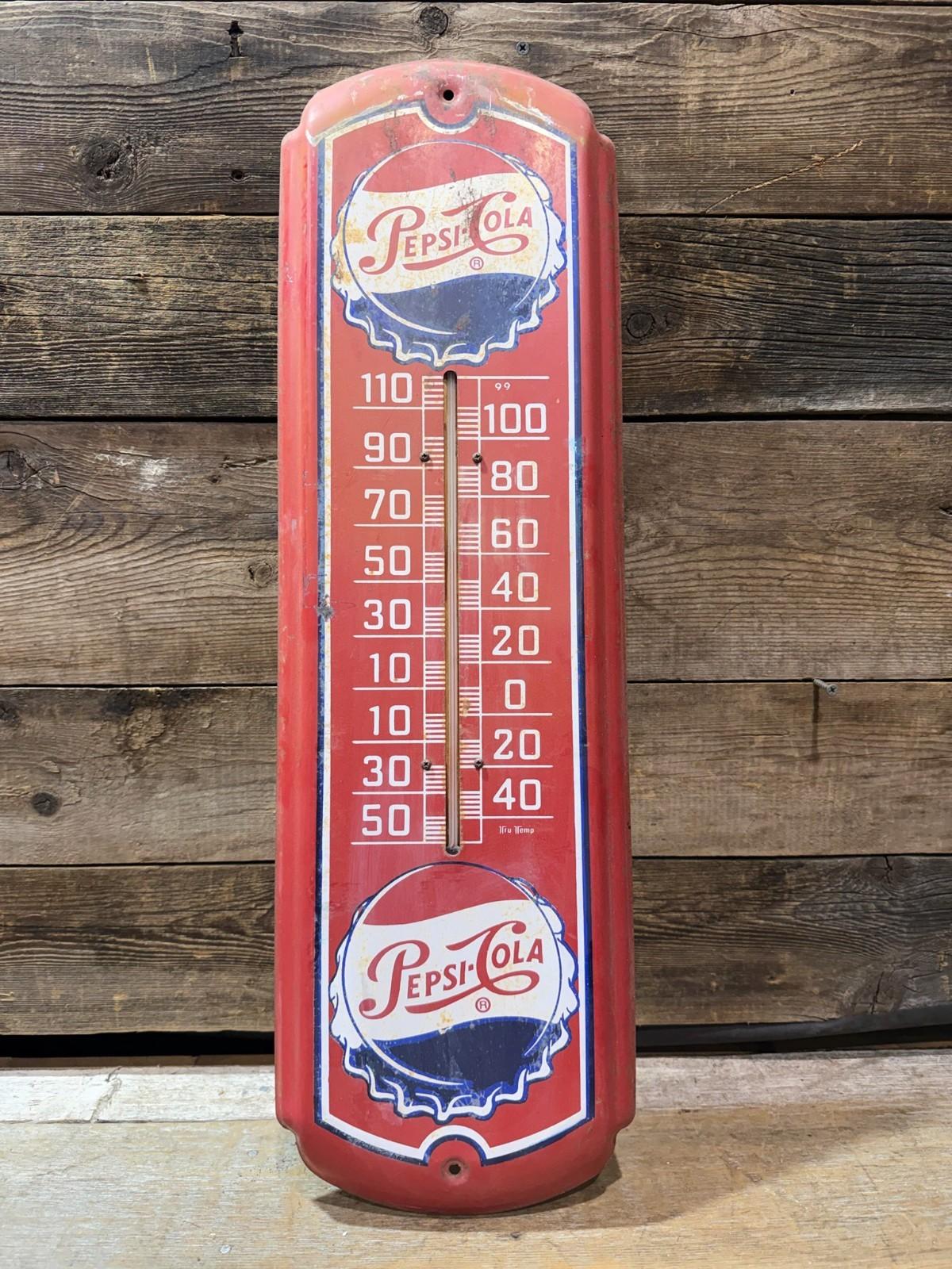 1950s-60s Pepsi-Cola Metal Thermometer, 25.5