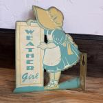 Vintage Metal Weather Girl Advertising Thermometer 6"x7