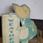 Vintage Metal Weather Girl Advertising Thermometer 6"x7