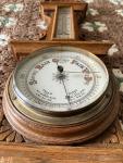 Vintage Oak Case Thermometer and Barometer