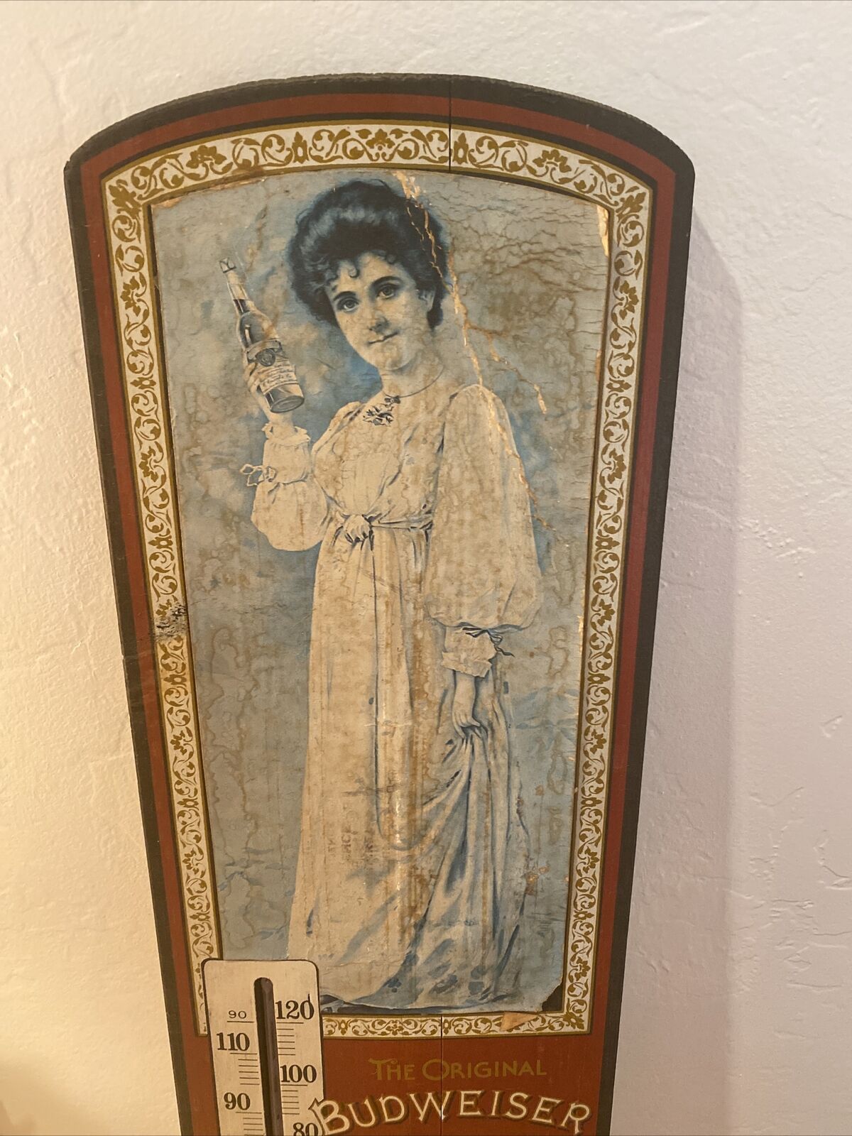 Budweiser Girl Wood Beer Thermometer: Antique Vintage