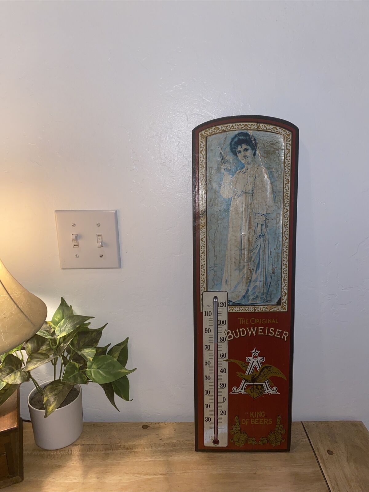 Budweiser Girl Wood Beer Thermometer: Antique Vintage