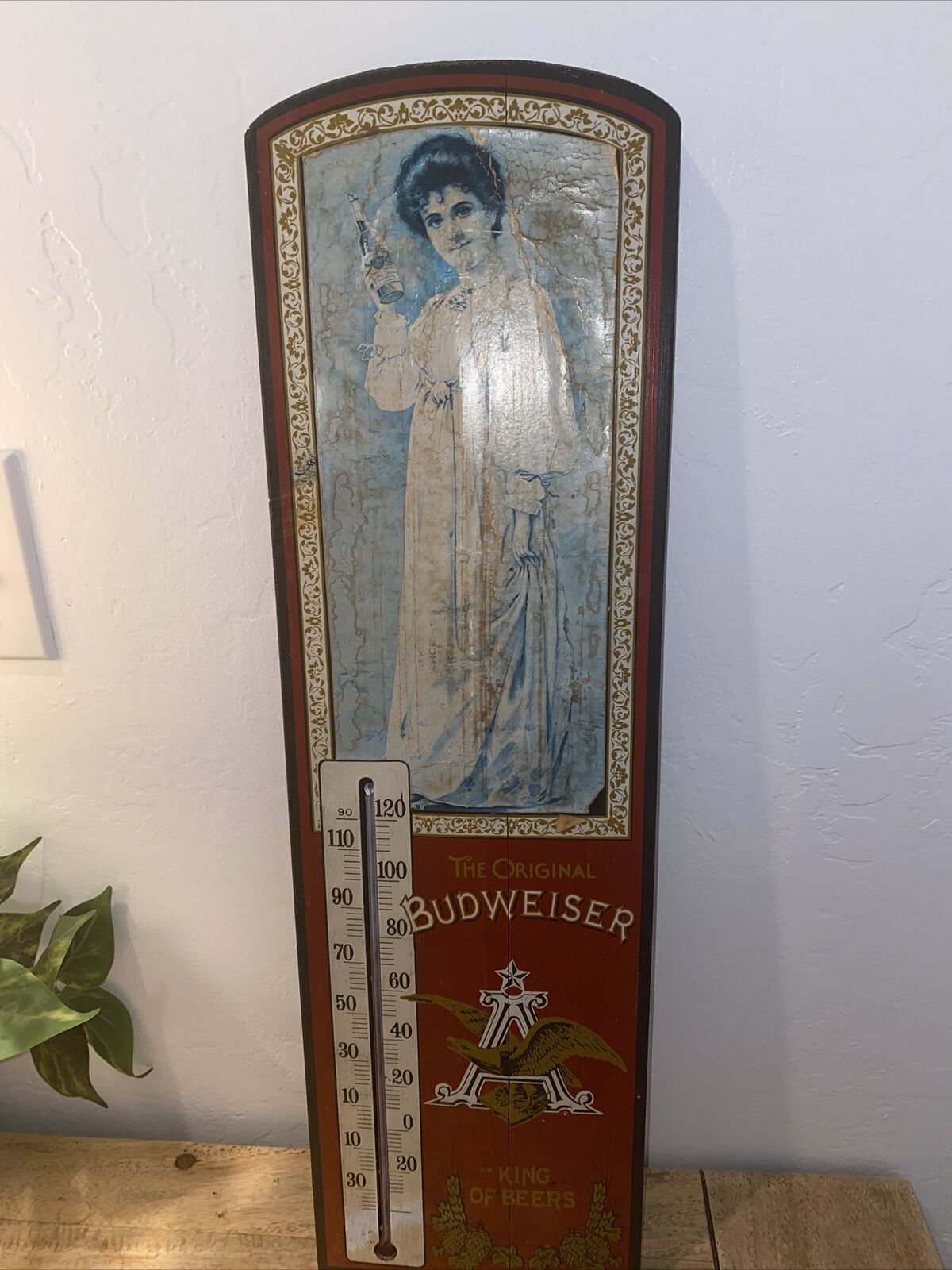 Budweiser Girl Wood Beer Thermometer: Antique Vintage