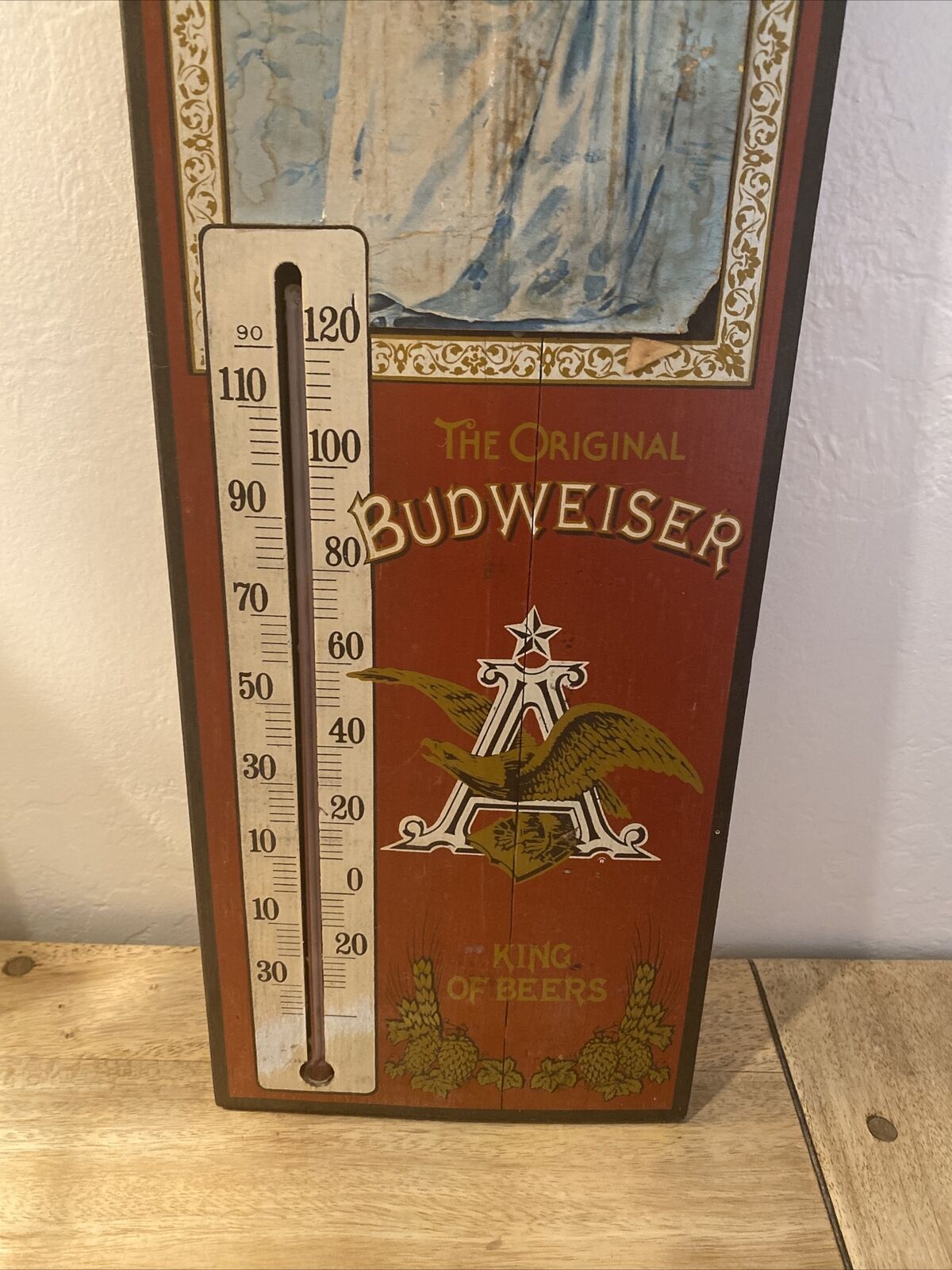 Budweiser Girl Wood Beer Thermometer: Antique Vintage