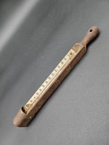 Vintage USA Wooden Brass Hand Held Thermometer