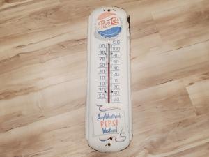 Vintage Pepsi Metal Wall Thermometer Sign - Bottle Cap 27" - “Any Weather Pepsi”